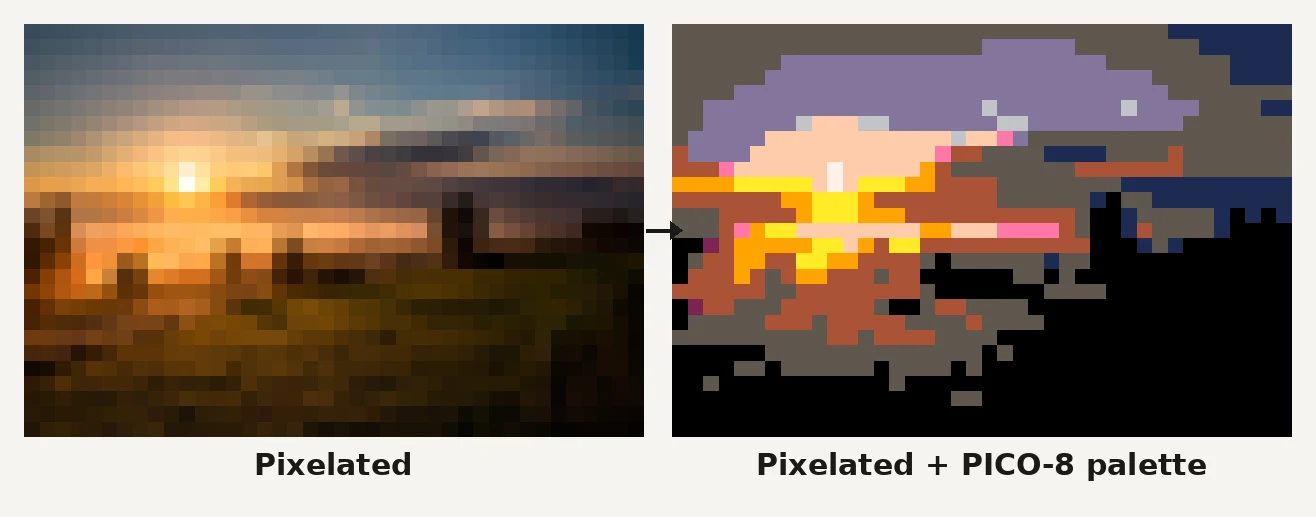 A photo converted with and without the PICO-8 palette